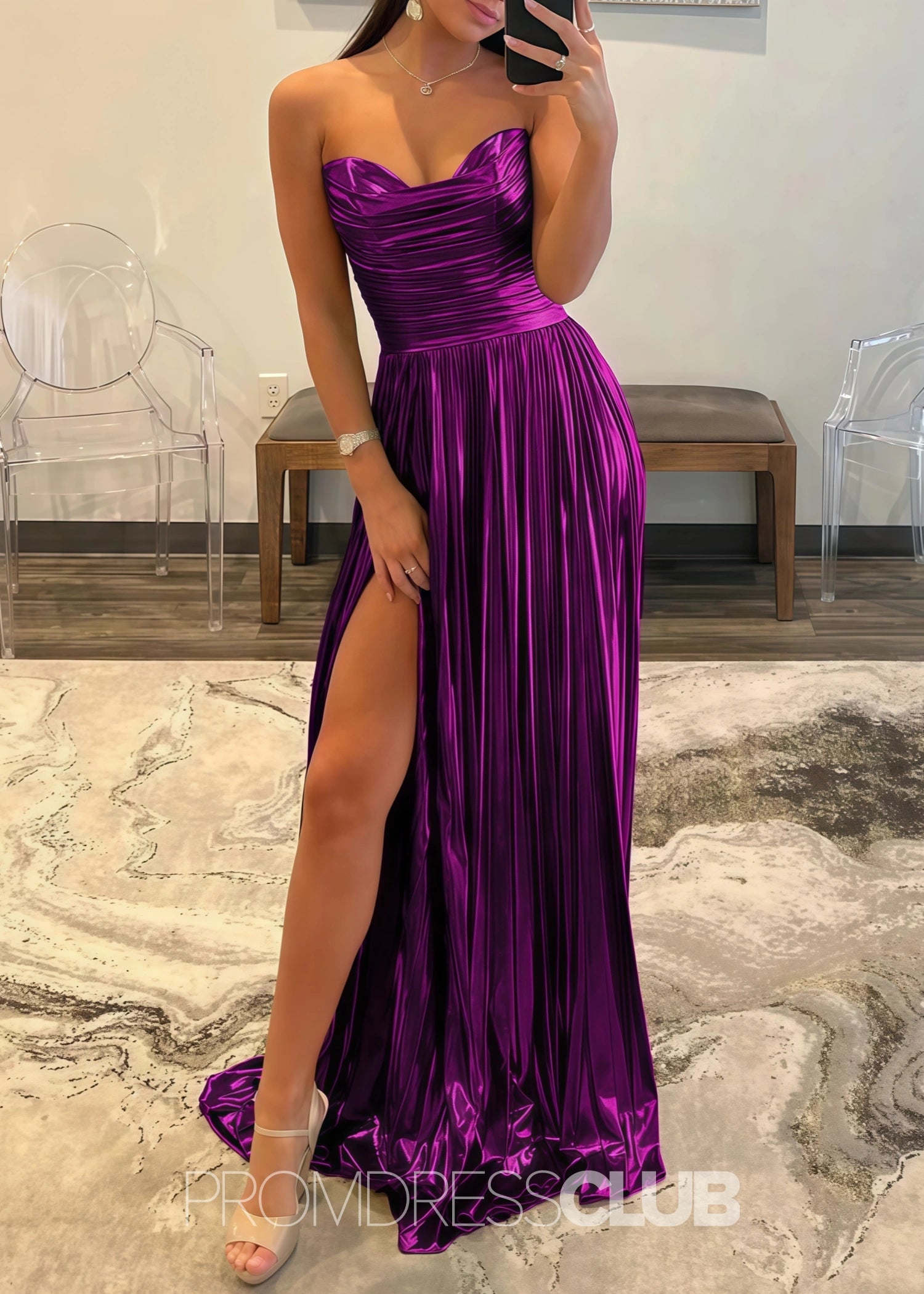 Ella |Long Green Prom Dress Metallic With A Line Strapless Pleated Slit - Purple - US0 - PromDressClub