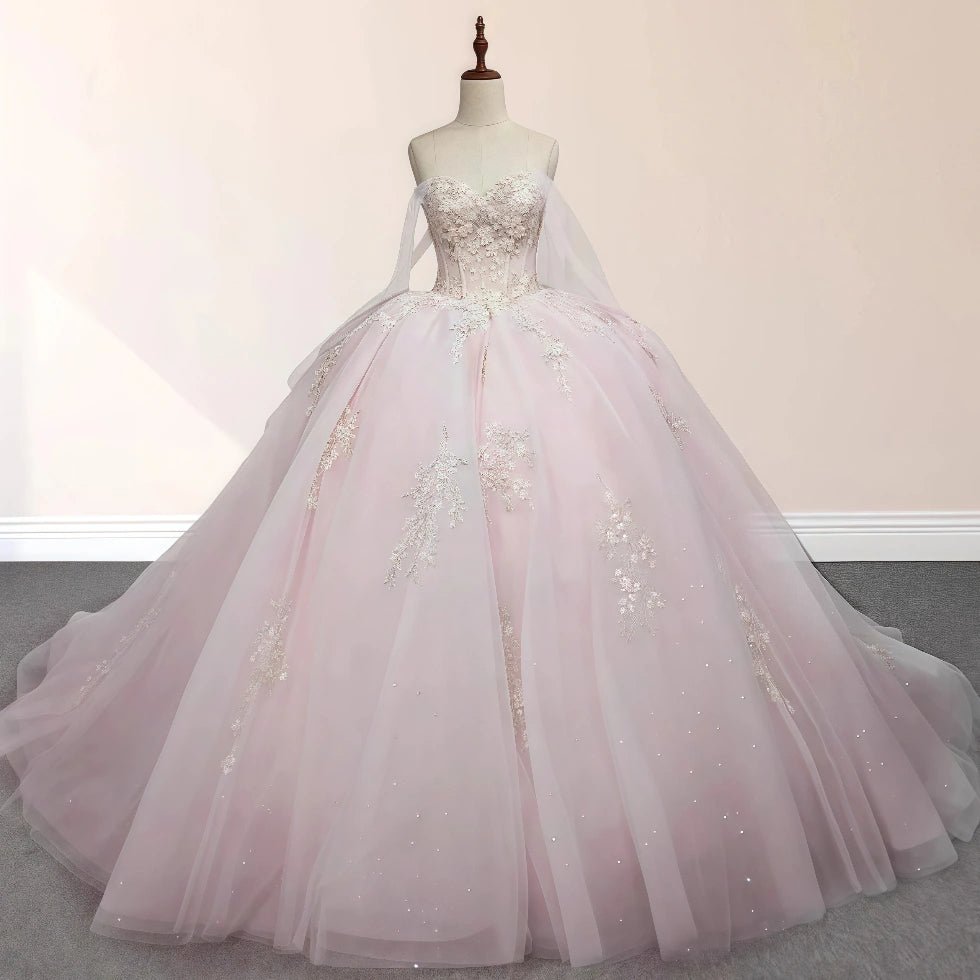 Ellie | Exquisite Light Pink Lace Strapless Corset Quinceanera Dresses for Memorable Celebrations - Light Pink - PromDressClub