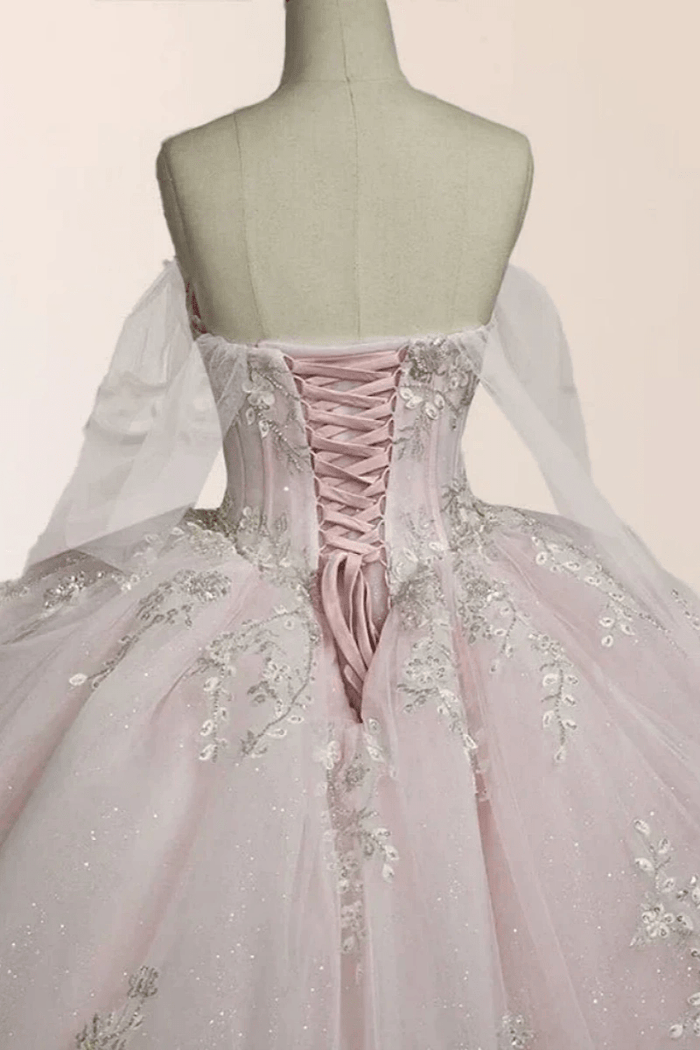 Ellie | Exquisite Light Pink Lace Strapless Corset Quinceanera Dresses for Memorable Celebrations - Light Pink - PromDressClub