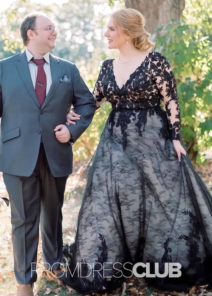 Elsa |Plus Size Black Wedding Dresses Long Sleeves Tulle A Line V Neck Gothic Bridal Gown - Black - PromDressClub