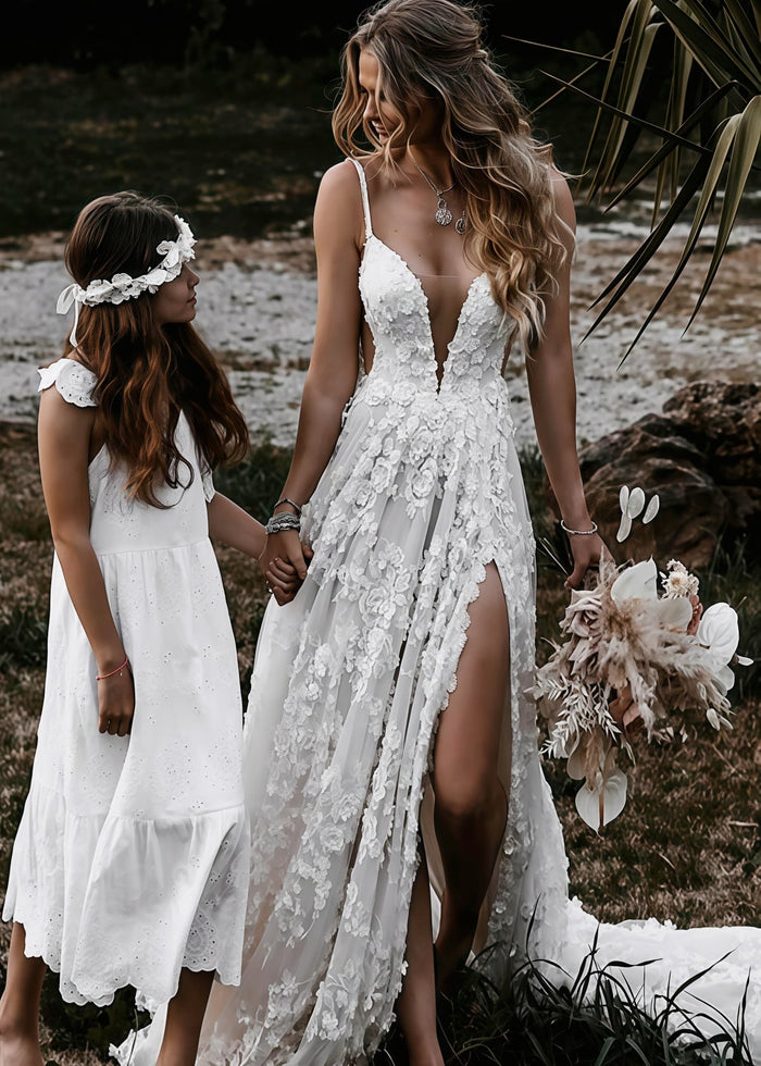 Elsie | Boho Spaghetti Straps A Line Appliques Lace White Wedding Dress Train with Slit - Price #price_variant_lowest# - White - PromDressClub