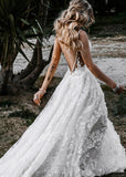 Elsie | Boho Spaghetti Straps A Line Appliques Lace White Wedding Dress Train with Slit - White - PROMDRESS Club