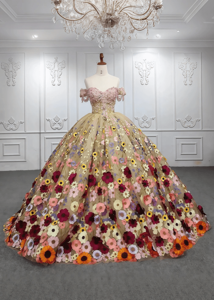 Elsie | Stunning Champagne Beaded 3D Flower Quinceanera Dresses for Special Occasions - Champagne - PromDressClub