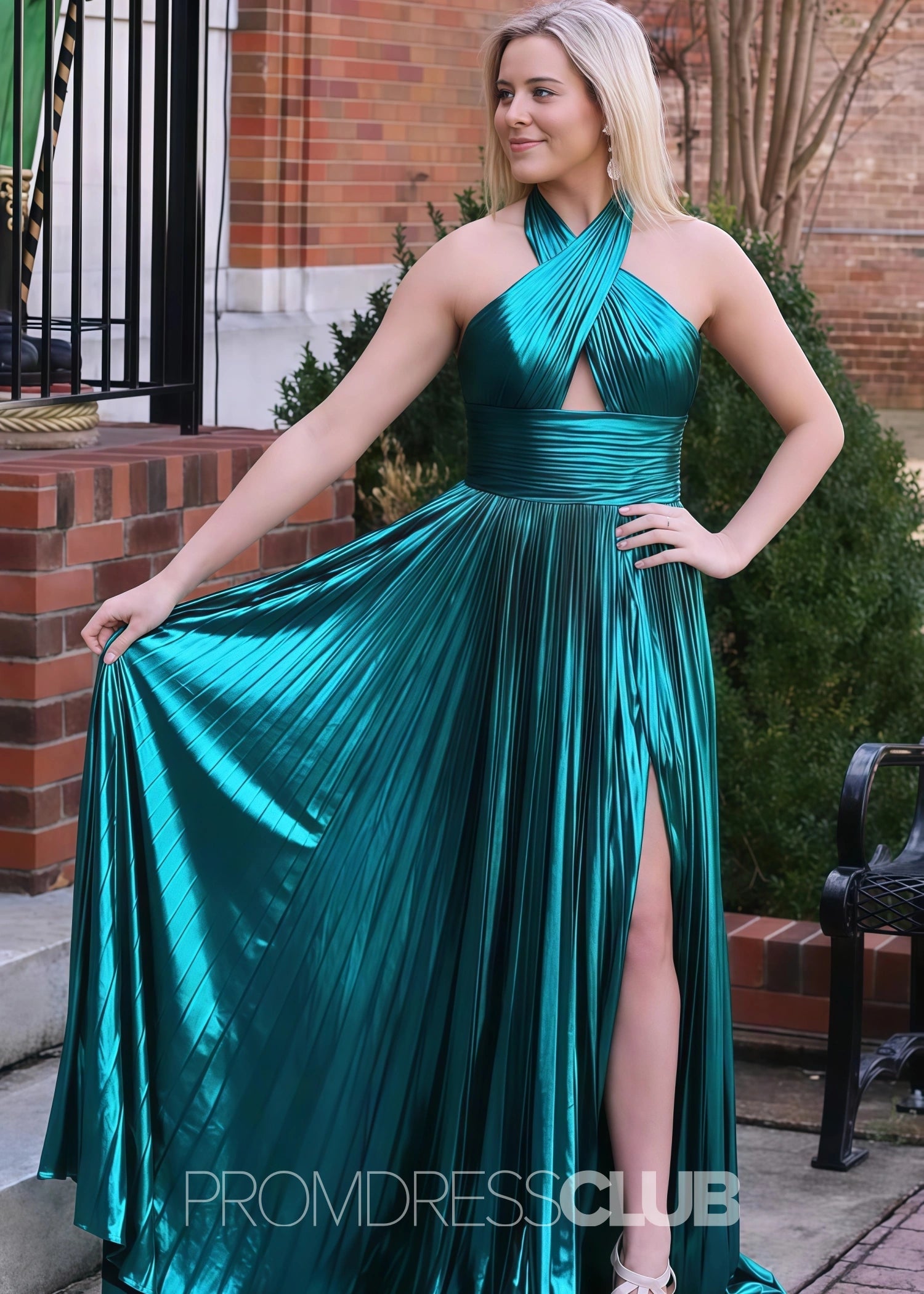 Elvira |Long Emerald Green Prom Dress Metallic With Halter Neck A Line Pleated Criss Slit - Emerald Green - US0 - PromDressClub