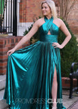 Elvira |Long Emerald Green Prom Dress Metallic With Halter Neck A Line Pleated Criss Slit - Emerald Green - US0 - PromDressClub