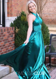 Elvira |Long Emerald Green Prom Dress Metallic With Halter Neck A Line Pleated Criss Slit - Emerald Green - US0 - PromDressClub