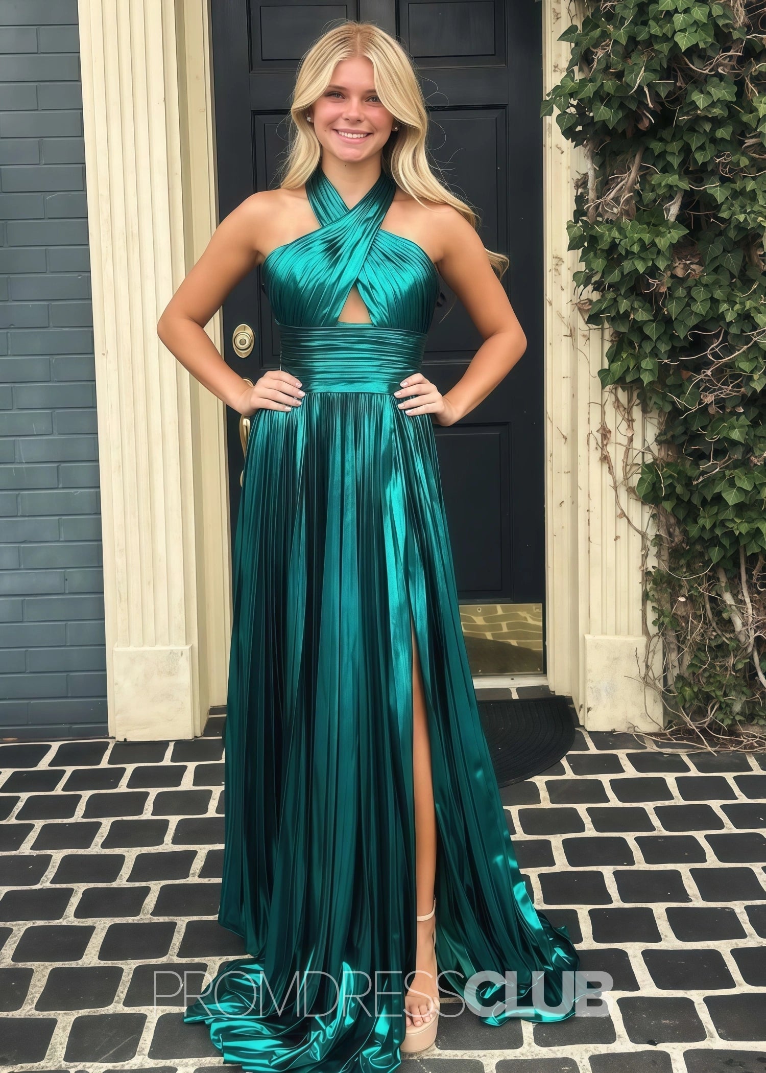 Elvira |Long Emerald Green Prom Dress Metallic With Halter Neck A Line Pleated Criss Slit - Emerald Green - US0 - PromDressClub