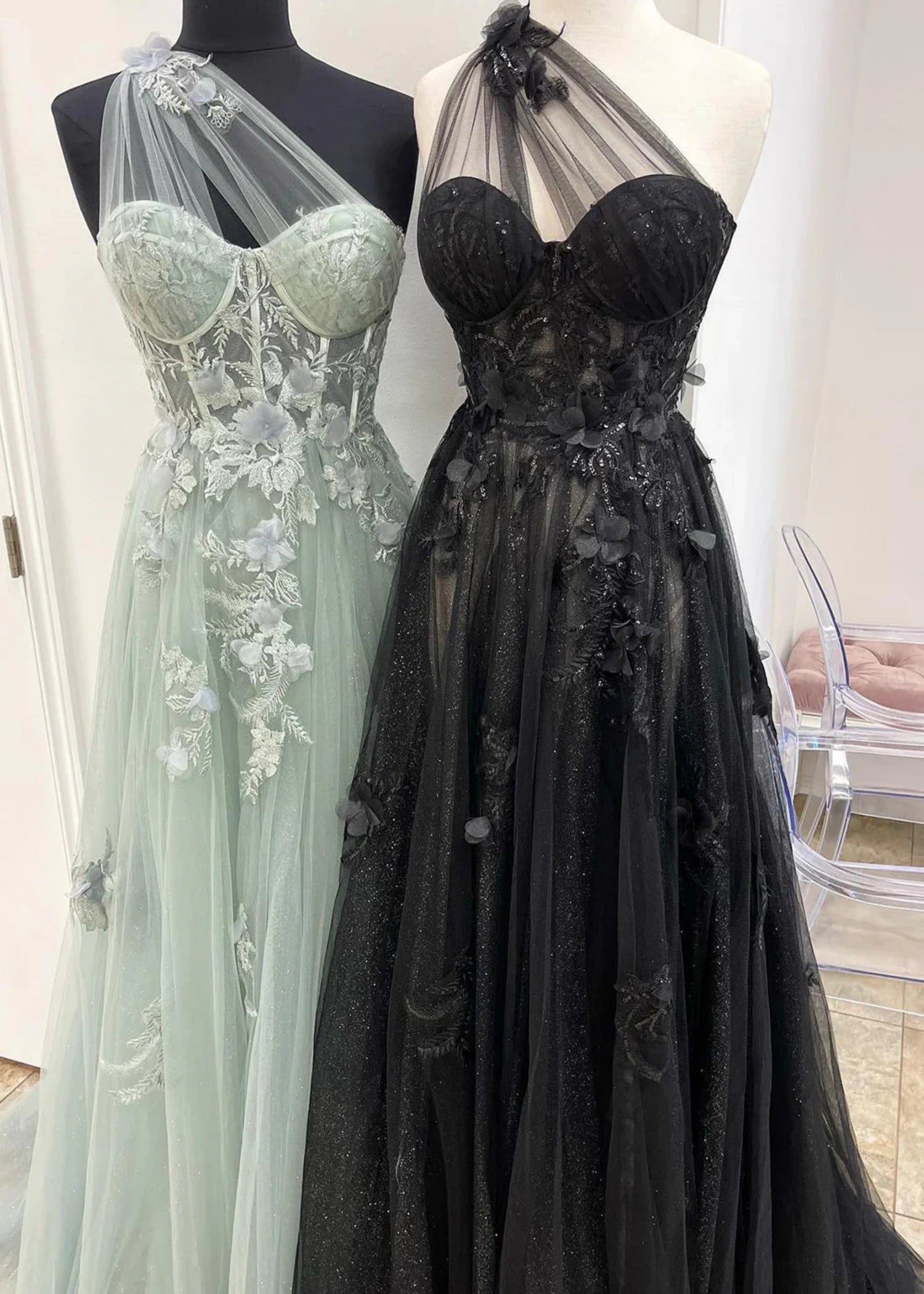 Emily |One Shoulder A Line Pink Lace Long Prom Dress with Appliques - Green - US0 - PromDressClub