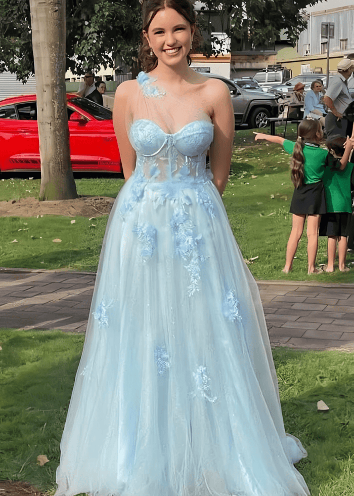 Emily | Light Pink Black Lace A Line One Shoulder Tulle Prom Dress Split - Lavender - PromDressClub