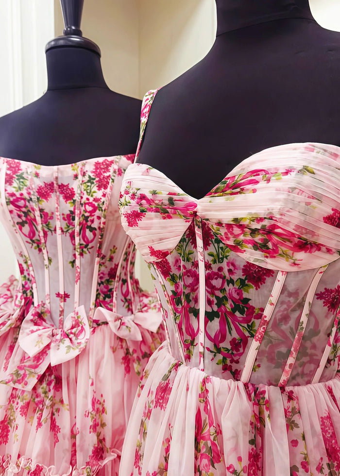 Emma | Charming Pink Floral Strapless Corset Prom Dress with Bow – Perfect for Unforgettable Moments - Pink Floral - PromDressClub