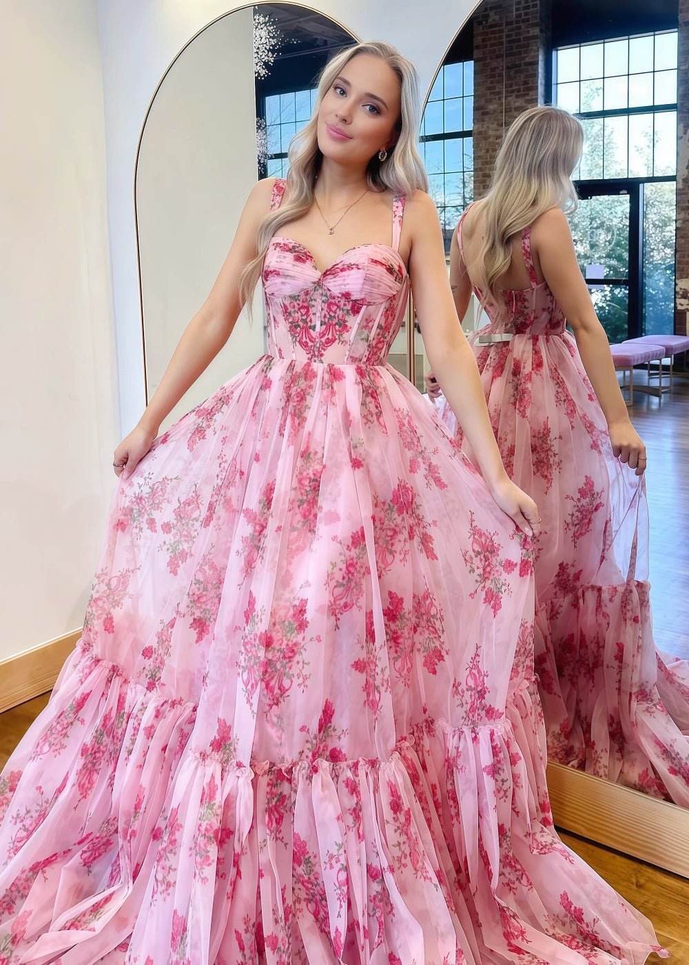 Emma | Charming Pink Floral Strapless Corset Prom Dress with Bow – Perfect for Unforgettable Moments - Pink Floral - PromDressClub