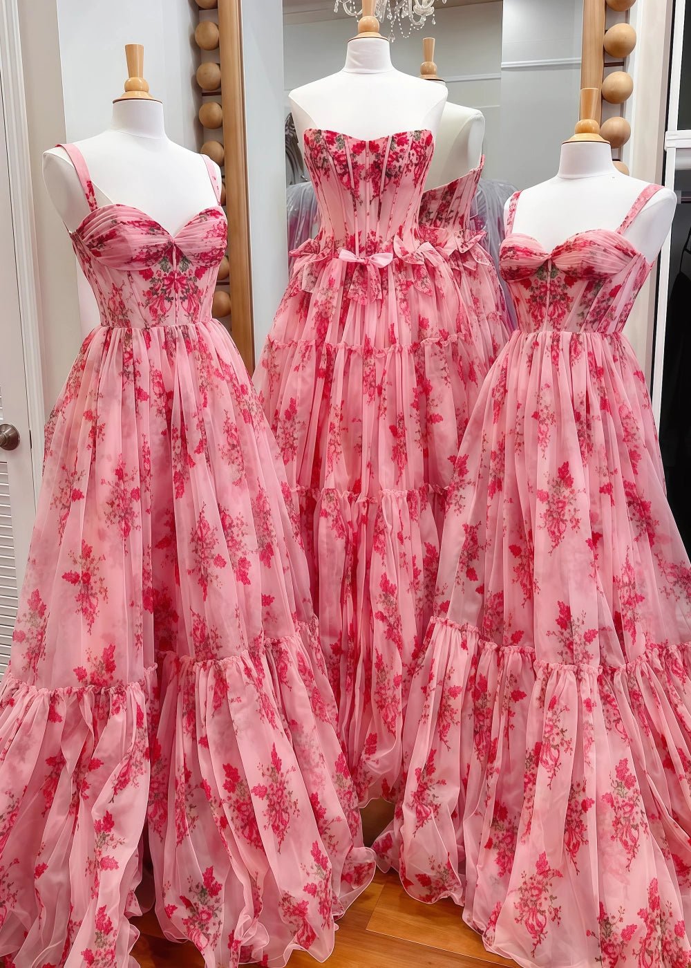 Emma | Charming Pink Floral Strapless Corset Prom Dress with Bow – Perfect for Unforgettable Moments - Pink Floral - PromDressClub