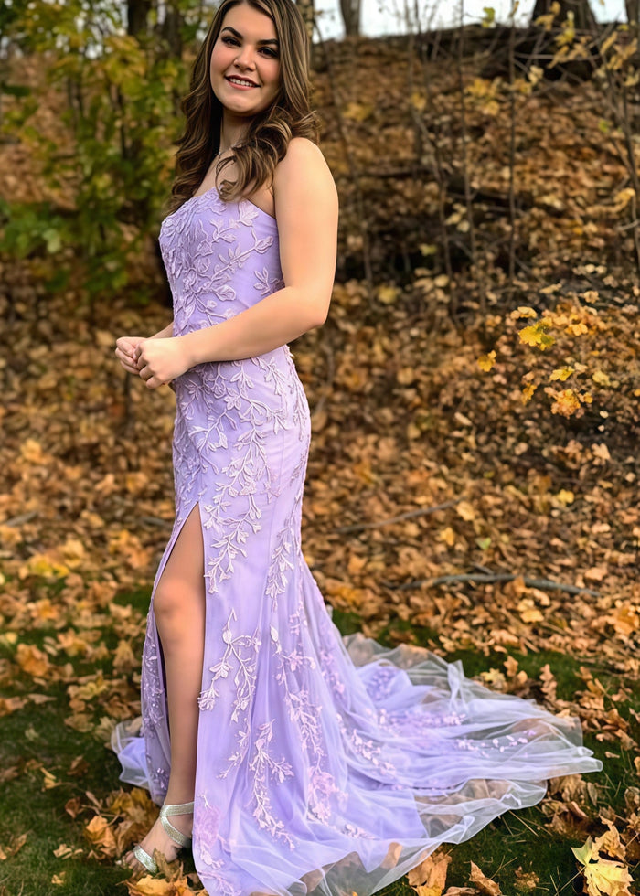 Emma | Light Pink Yellow Lace Mermaid Corset Backless Strapless Formal Dress with Slit - Lavender - PromDressClub