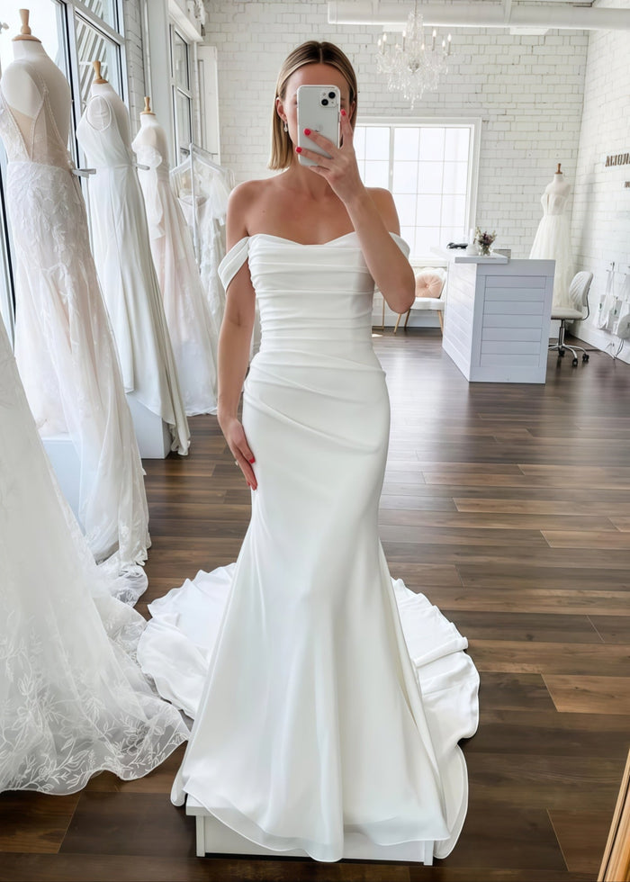 Emma | Modern Mermaid Off the Shoulder Backless Long White Chiffon Wedding Dress Train with Buttons - Price #price_variant_lowest# - White - PromDressClub