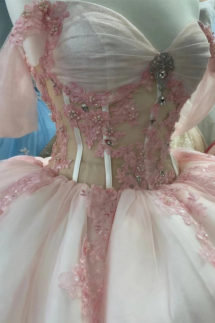 Emma | Stunning Elegant Light Pink Beaded Quinceanera Dresses Off the Shoulder - Light Pink - PromDressClub