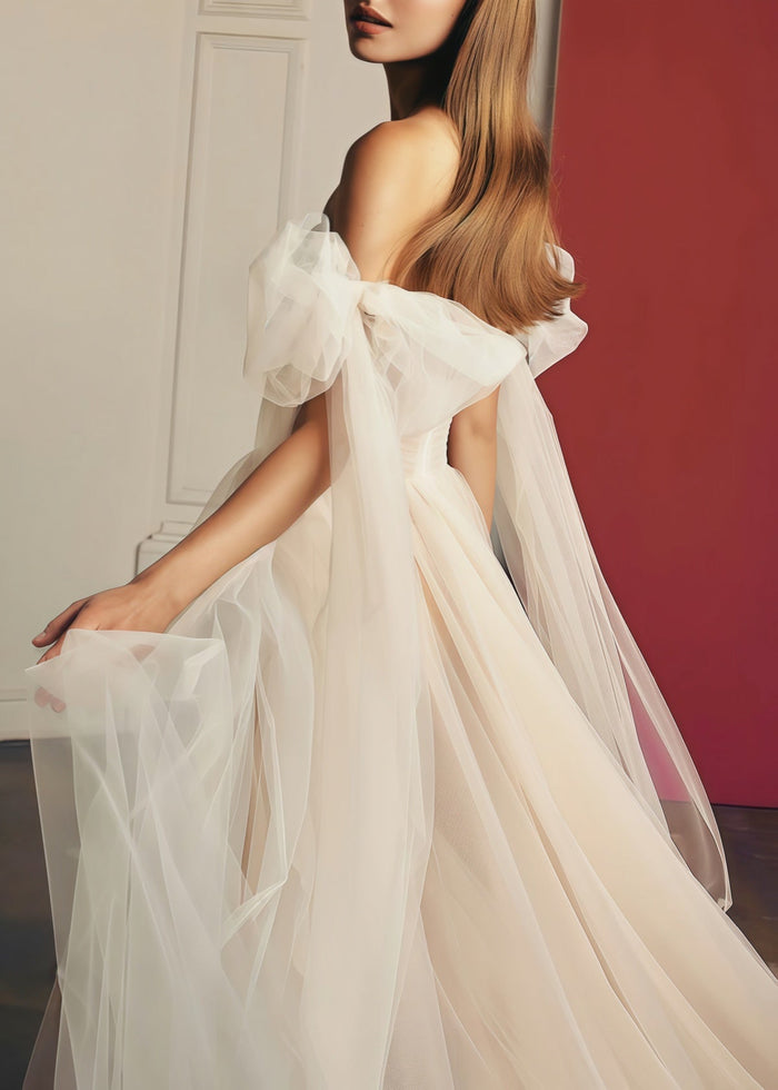 Enid | Glamorous Beach Off the Shoulder A Line Champagne Tulle Wedding Dress with Slit - Price #price_variant_lowest# - Champagne - PromDressClub