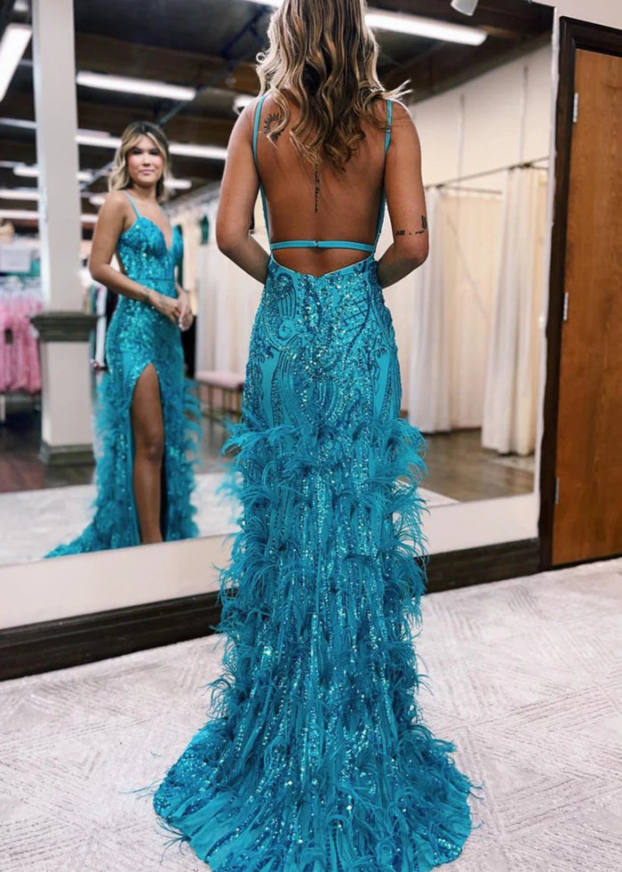 Enid | Blue Orange Sequin Mermaid Feather Prom Dresses with Slit - Peacock - PromDressClub