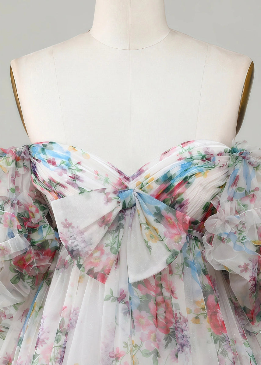 Erendira | Floral Homecoming Dresses: Stand Out with Ruffles and Off the Shoulder Design - White Floral - PromDressClub