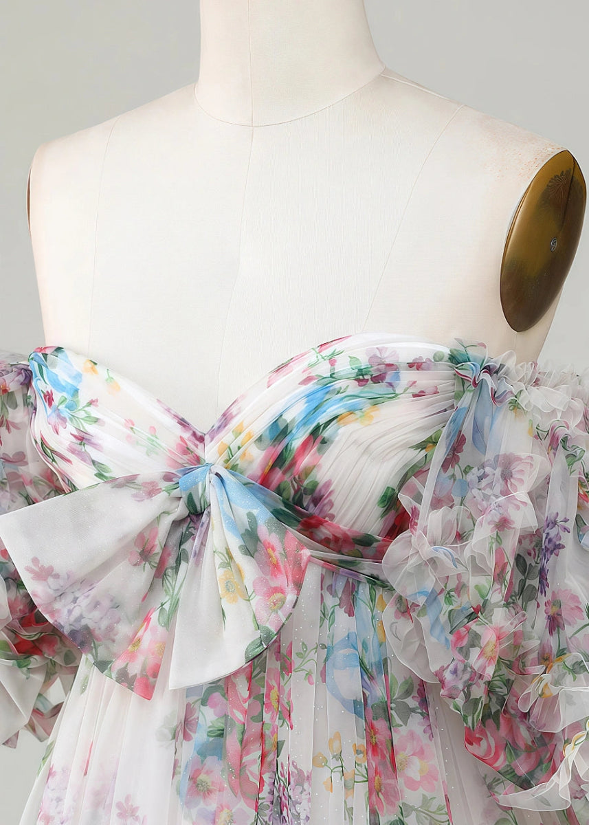 Erendira | Floral Homecoming Dresses: Stand Out with Ruffles and Off the Shoulder Design - White Floral - PromDressClub