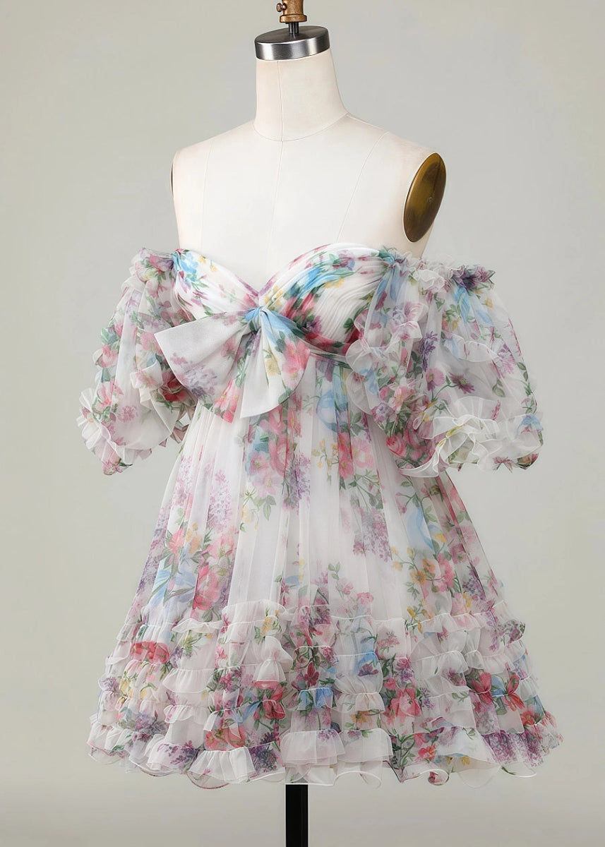 Erendira | Floral Homecoming Dresses: Stand Out with Ruffles and Off the Shoulder Design - White Floral - PromDressClub