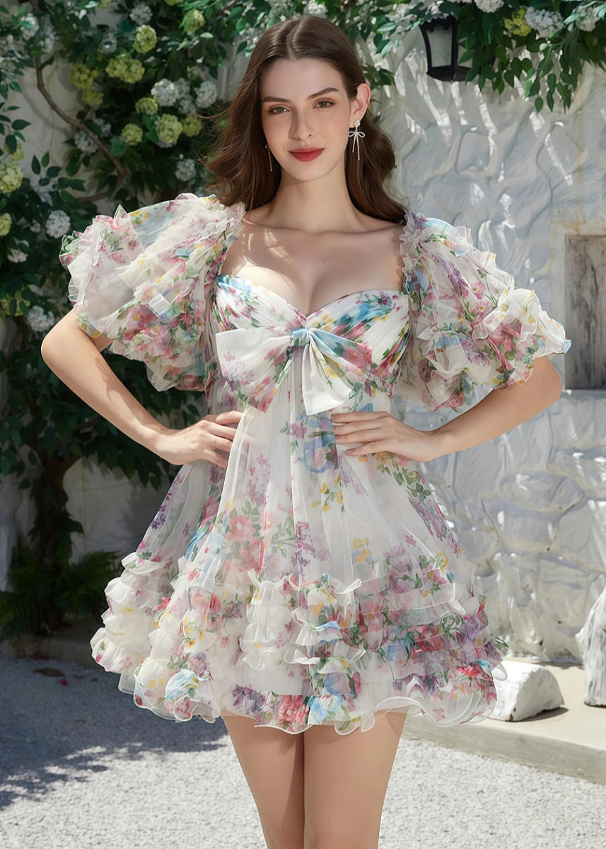Ereshkigal | Dreamy Floral Homecoming Dress: Ruffles & Off the Shoulder Elegance - White Floral - PromDressClub