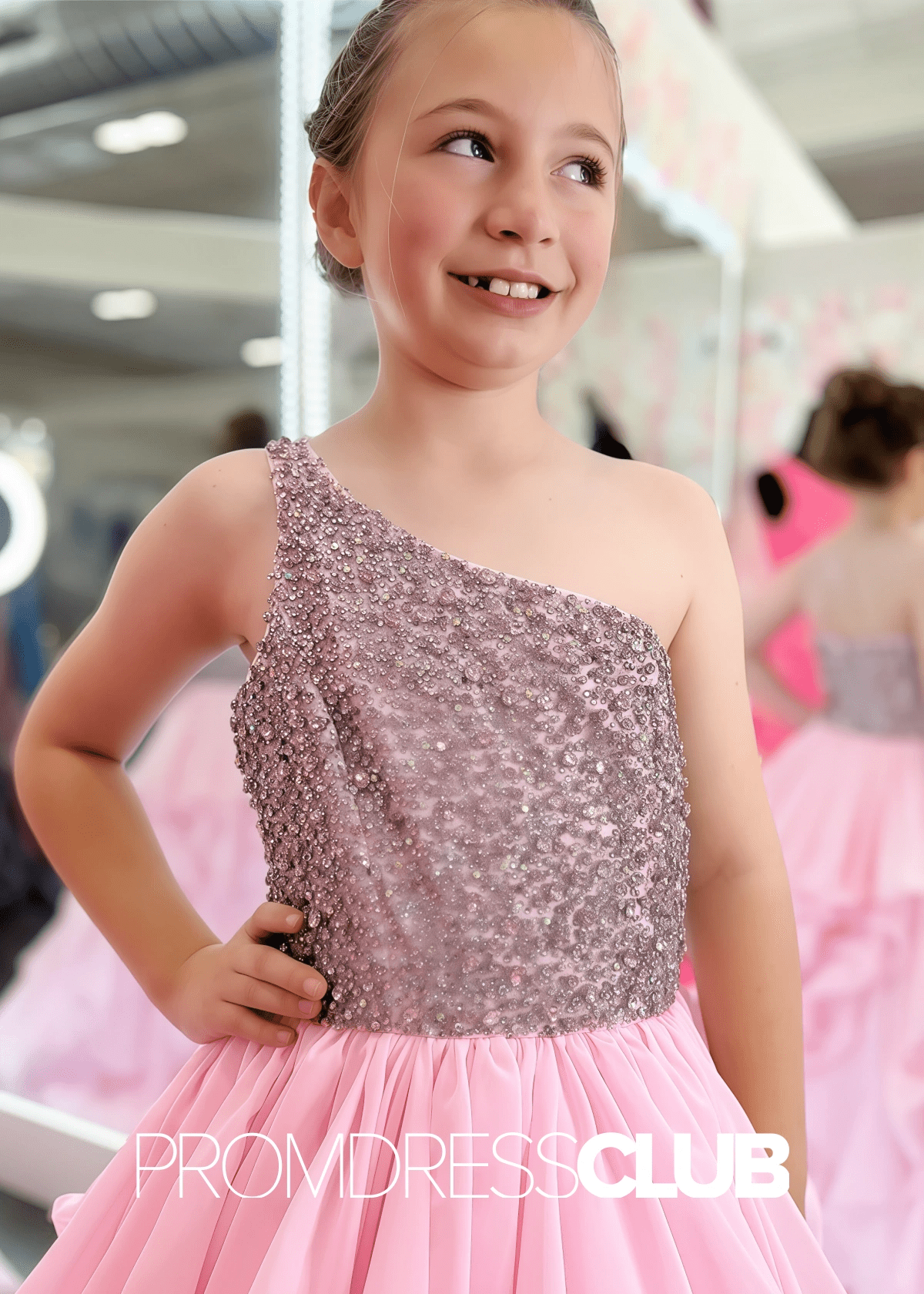 Erica | Beaded Ruffle Royal Blue Pageant Dresses for Girls - Pink - PromDressClub