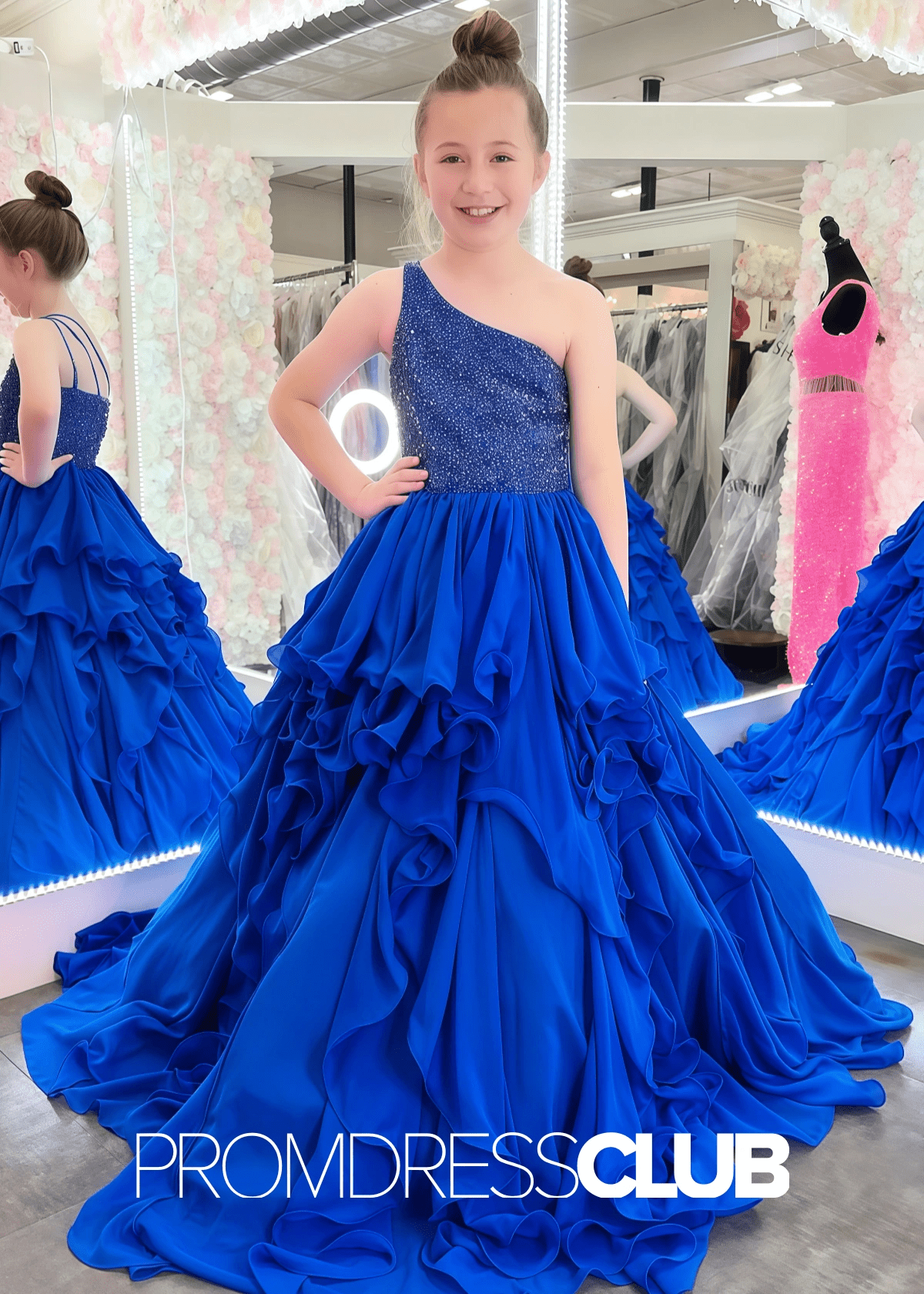 Erica | Beaded Ruffle Royal Blue Pageant Dresses for Girls - Royal Blue - PromDressClub