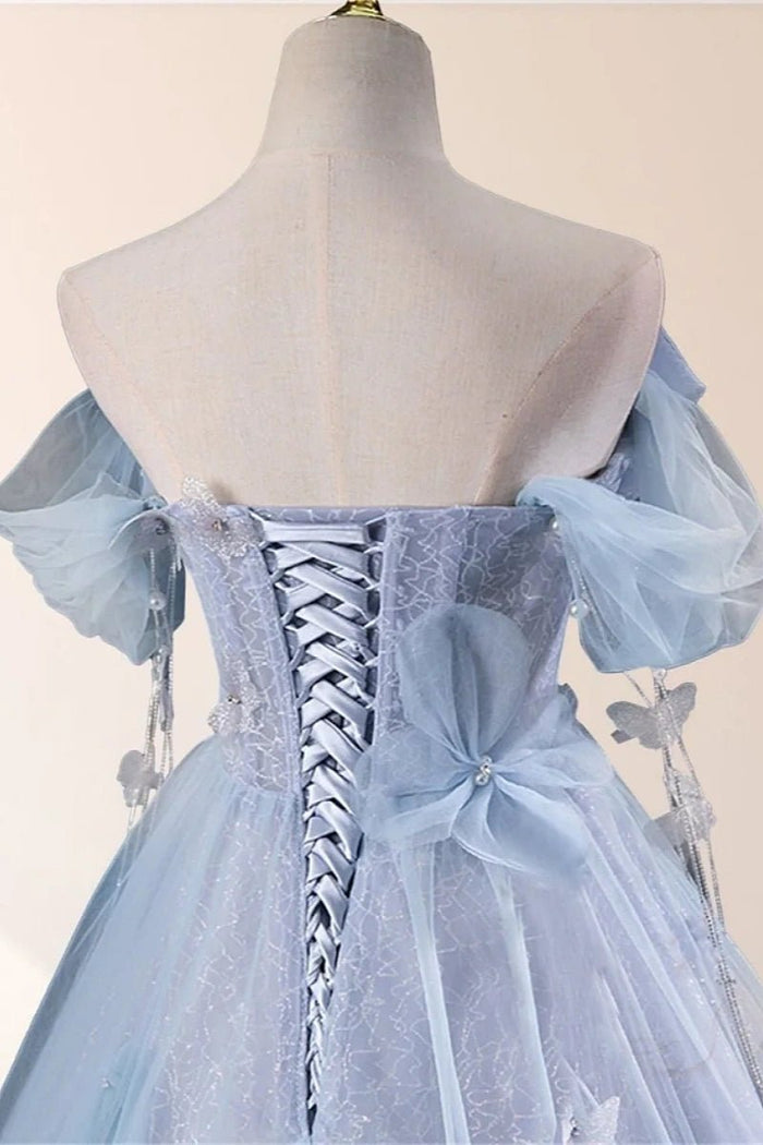 Erica | Elegant Dusty Blue Butterfly Off the Shoulder Quinceanera Dresses - Dusty Blue - PromDressClub