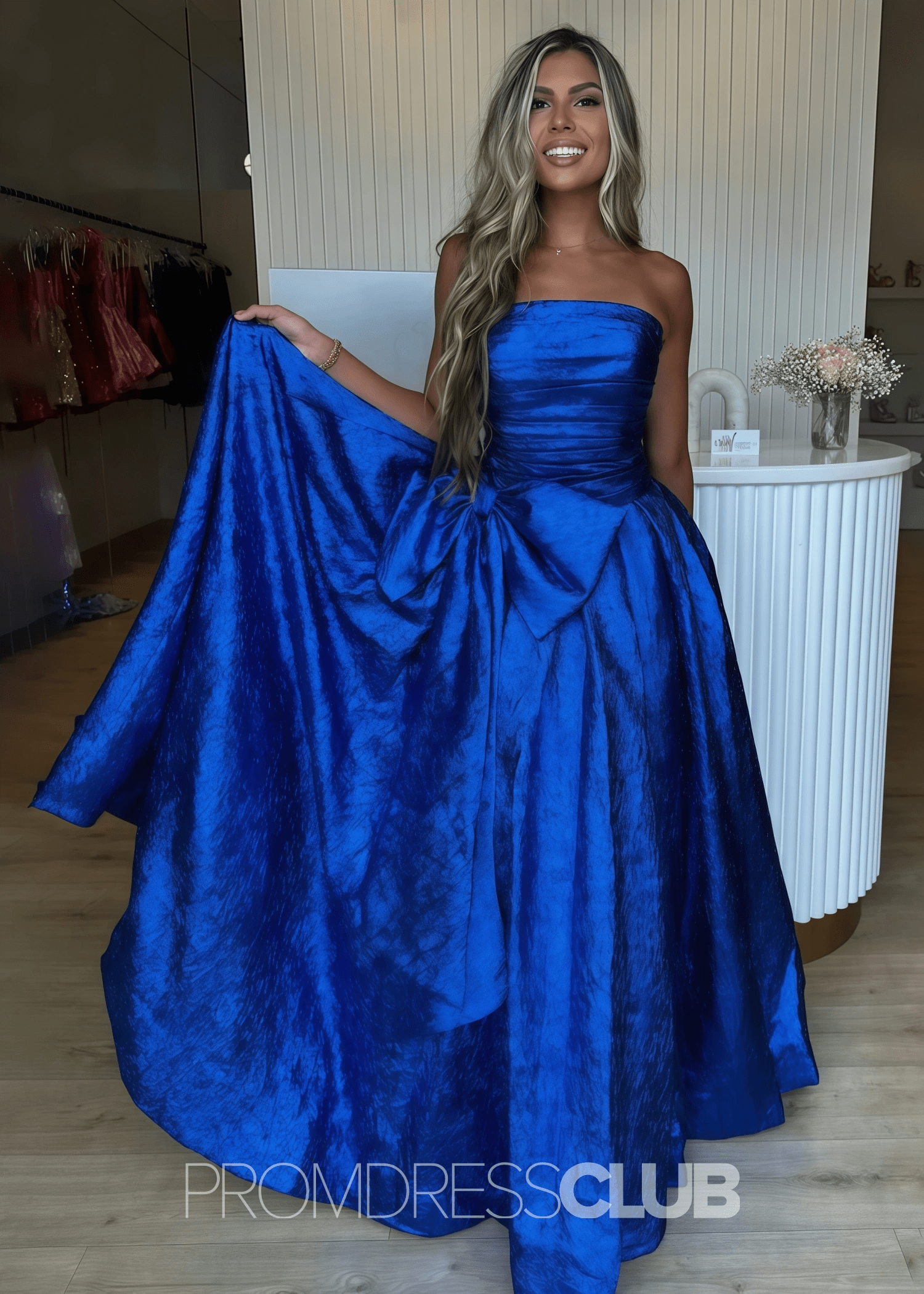 Erica |Long Royal Blue Prom Dress Metallic With A Line Strapless Bow - Royal Blue - US0 - PromDressClub