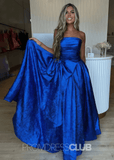 Erica |Long Royal Blue Prom Dress Metallic With A Line Strapless Bow - Royal Blue - US0 - PromDressClub