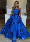 Erica |Long Royal Blue Prom Dress Metallic With A Line Strapless Bow - Royal Blue - US0 - PromDressClub