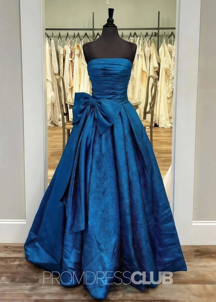 Erica |Long Royal Blue Prom Dress Metallic With A Line Strapless Bow - Royal Blue - PromDressClub