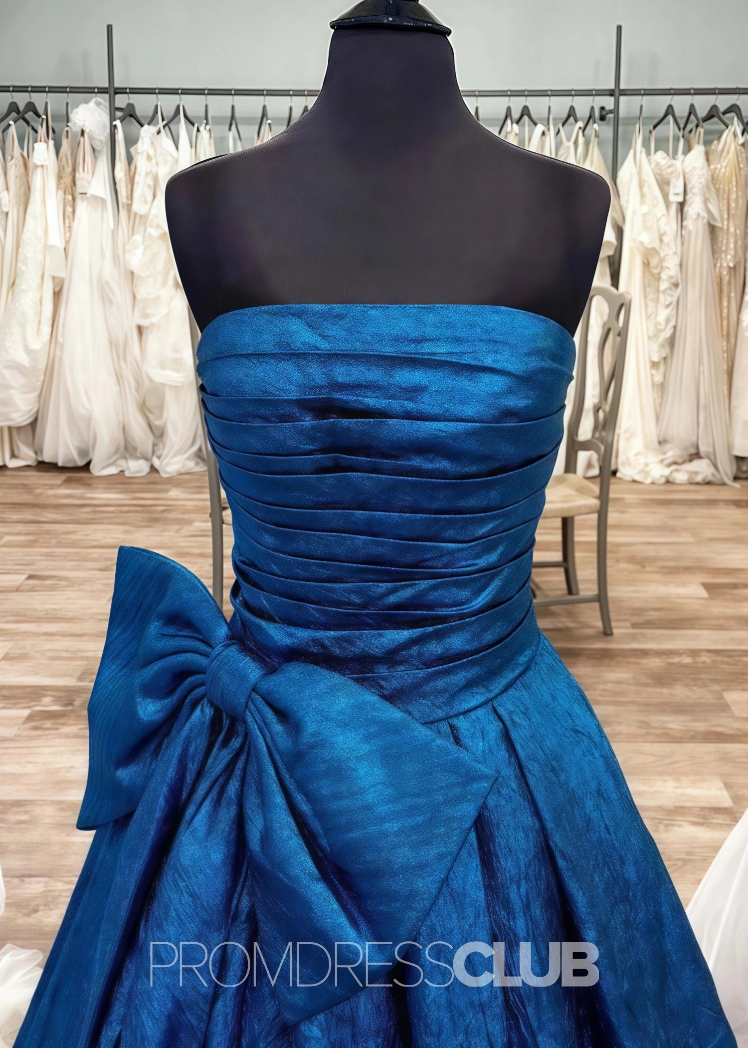 Erica |Long Royal Blue Prom Dress Metallic With A Line Strapless Bow - Royal Blue - US0 - PromDressClub