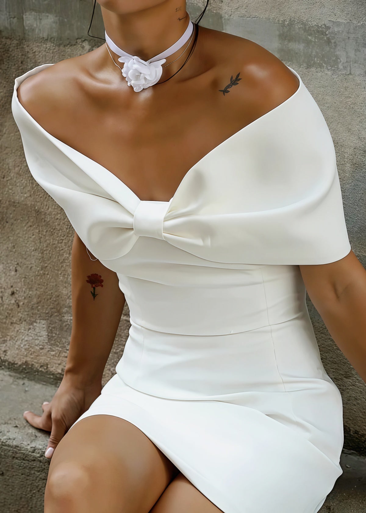 Erica | Sexy Off the Shoulder Short White Satin Wedding Dress with Bow - White - PROMDRESS Club