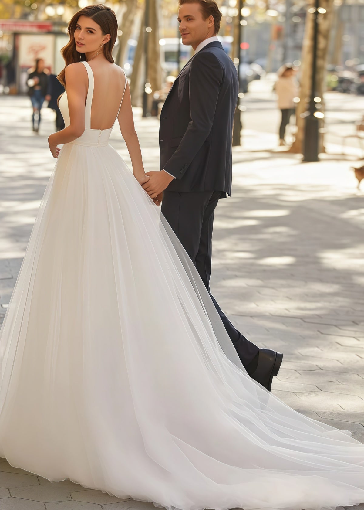 Erin | Chic A Line Square Neck Backless Short White Tulle Wedding Dress with Court Train - White - PROMDRESS Club