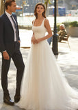 Erin | Chic A Line Square Neck Backless Short White Tulle Wedding Dress with Court Train - White - PROMDRESS Club