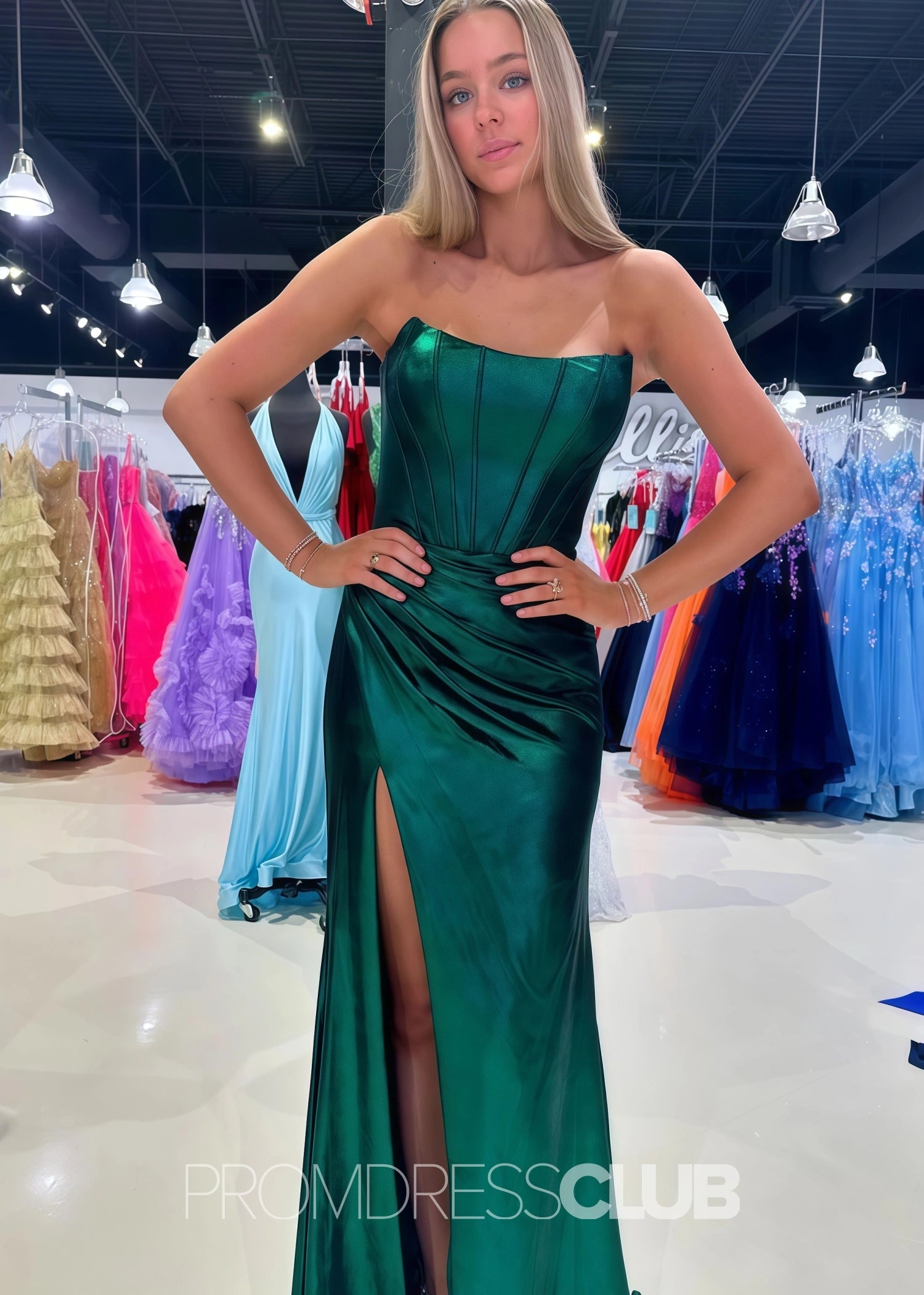 Erin |Long Purple Prom Dress Metallic With A Line Strapless Sheath Split - Dark Green - US0 - PromDressClub