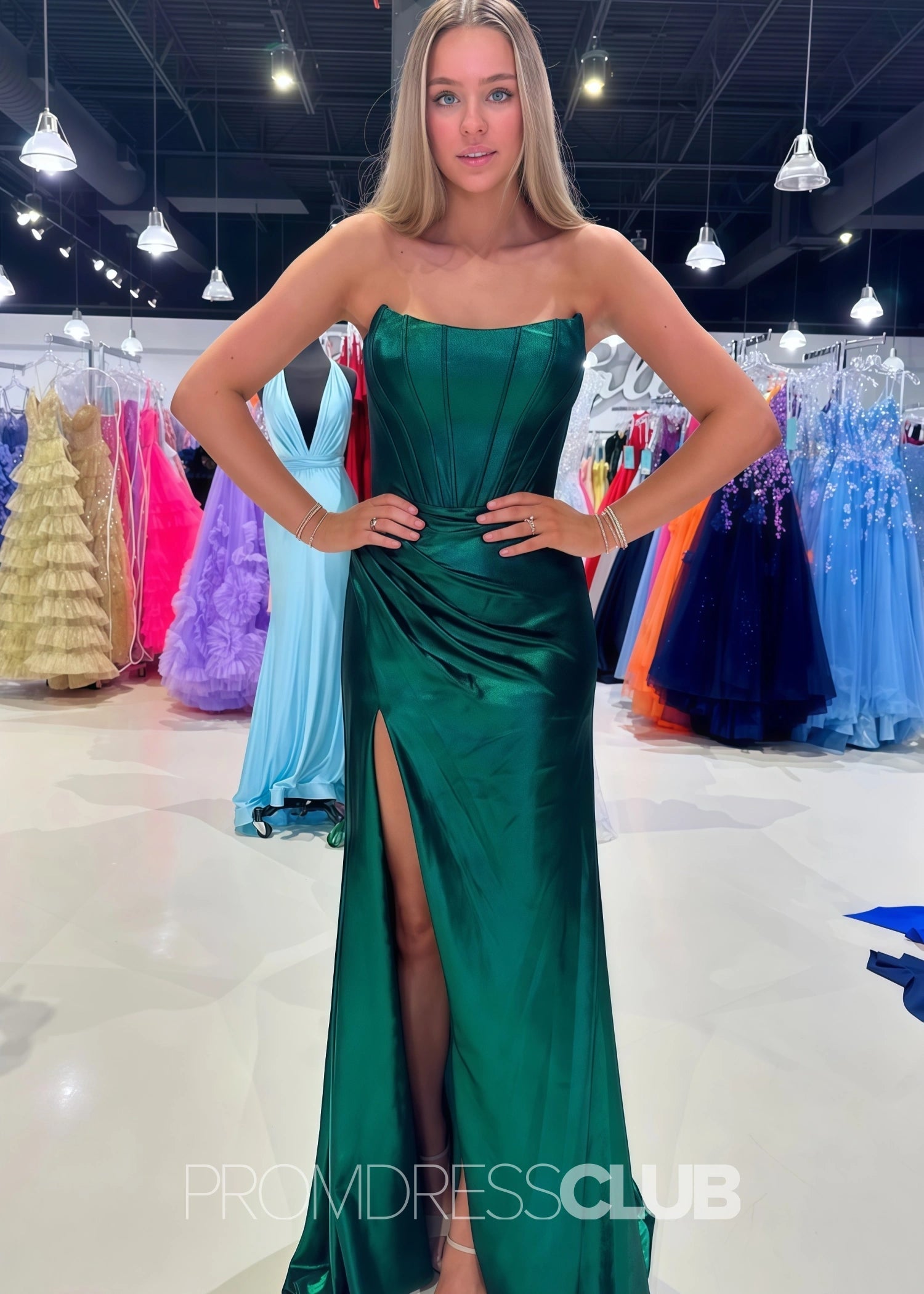 Erin |Long Purple Prom Dress Metallic With A Line Strapless Sheath Split - Dark Green - US0 - PromDressClub