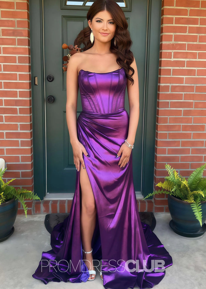 Erin |Long Purple Prom Dress Metallic With A Line Strapless Sheath Split - Purple - PromDressClub