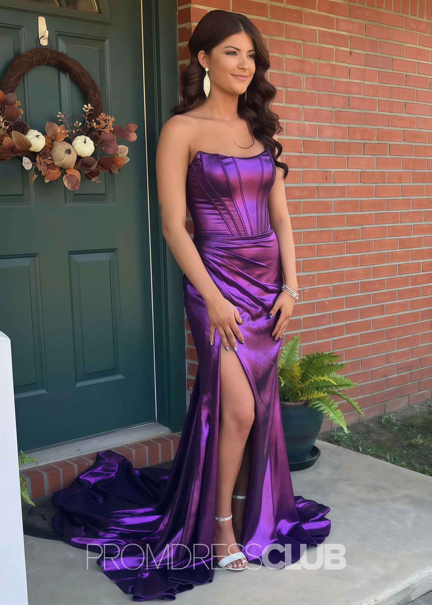 Erin |Long Purple Prom Dress Metallic With A Line Strapless Sheath Split - Purple - US0 - PromDressClub