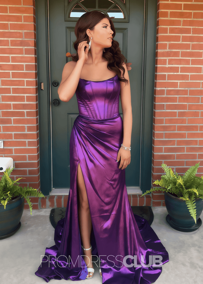 Erin |Long Purple Prom Dress Metallic With A Line Strapless Sheath Split - Purple - PromDressClub