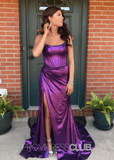 Erin |Long Purple Prom Dress Metallic With A Line Strapless Sheath Split - Purple - US0 - PromDressClub