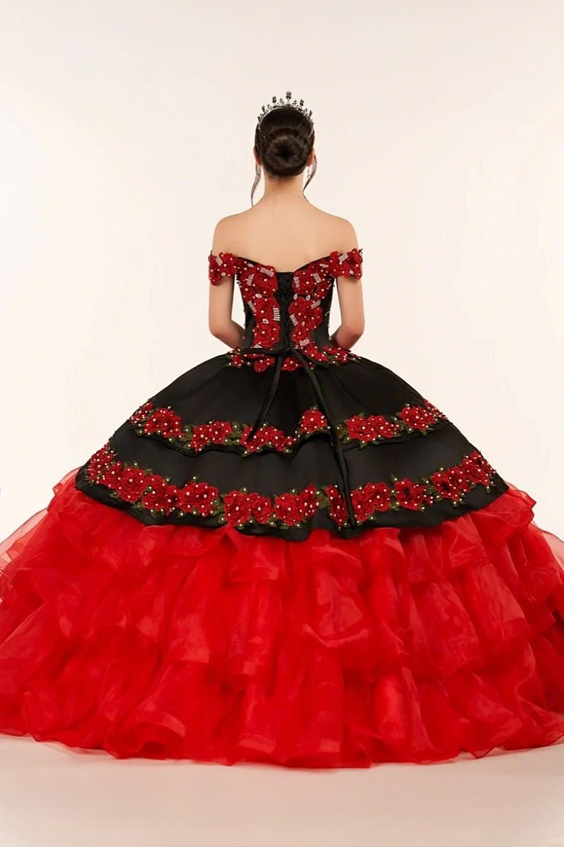 Erin | Stunning Red and Black Flower Quinceanera Dresses with Ruffles - Red - PromDressClub