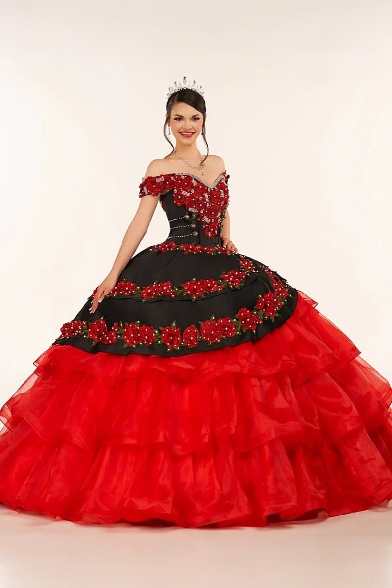 Erin | Stunning Red and Black Flower Quinceanera Dresses with Ruffles - Red - PromDressClub