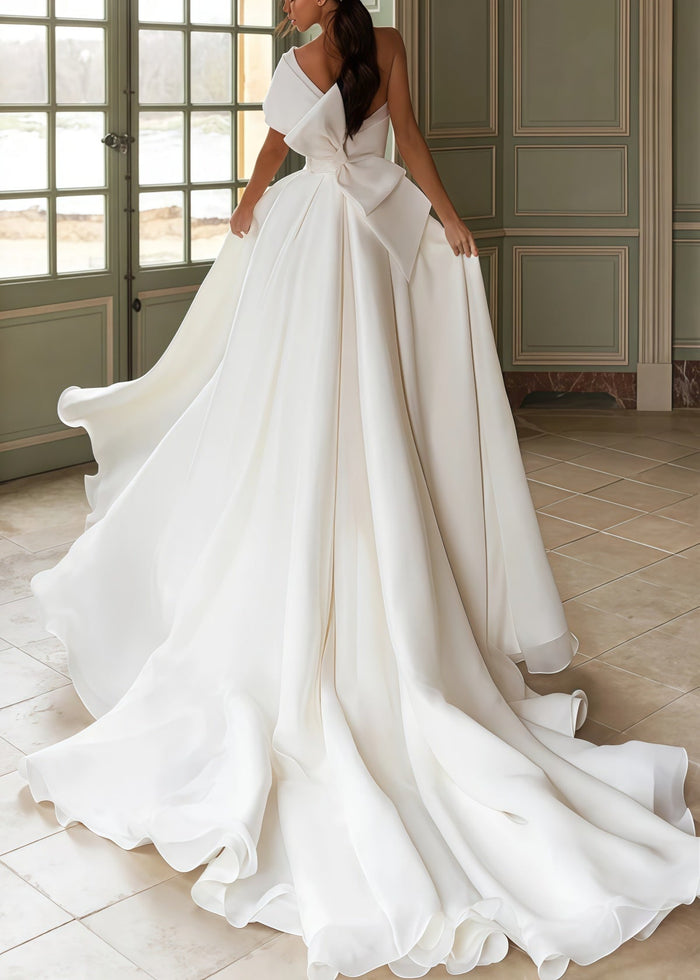 Esther | A Line Appliques Lace One Shoulder White Organza Wedding Dress Train with Slit - Price #price_variant_lowest# - White - PromDressClub