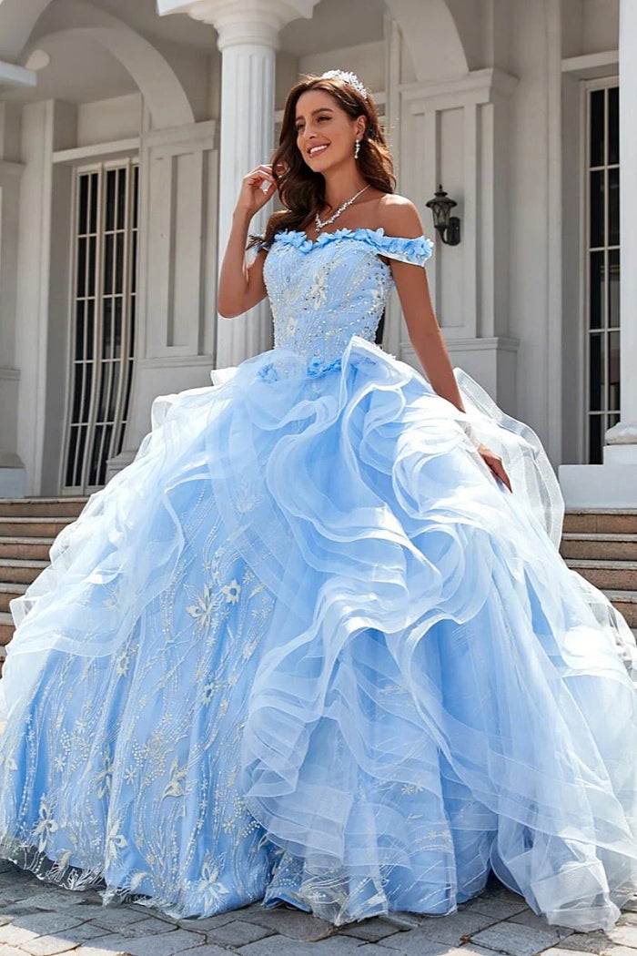 Ethel | Elegant Light Blue Beaded Quinceanera Dresses with Charming Ruffles - Light Blue - PromDressClub