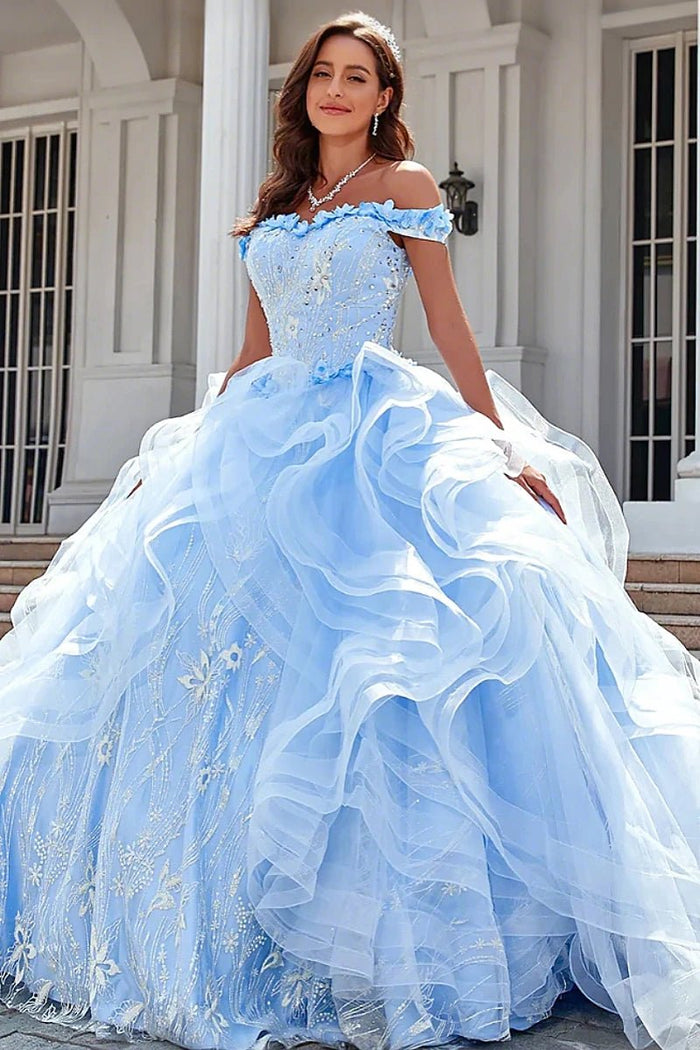 Ethel | Elegant Light Blue Beaded Quinceanera Dresses with Charming Ruffles - Light Blue - PromDressClub