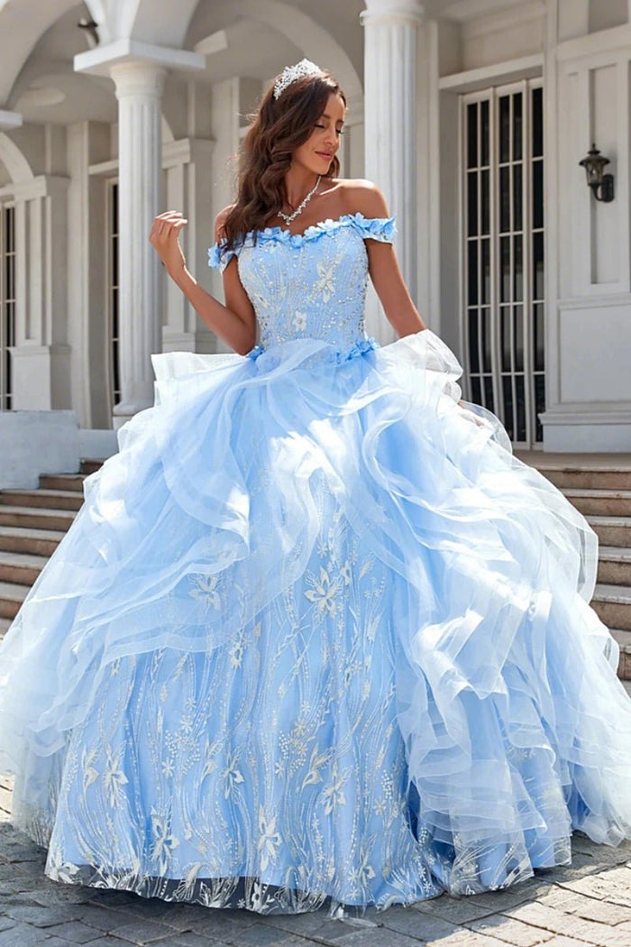Ethel | Elegant Light Blue Beaded Quinceanera Dresses with Charming Ruffles - Light Blue - PromDressClub