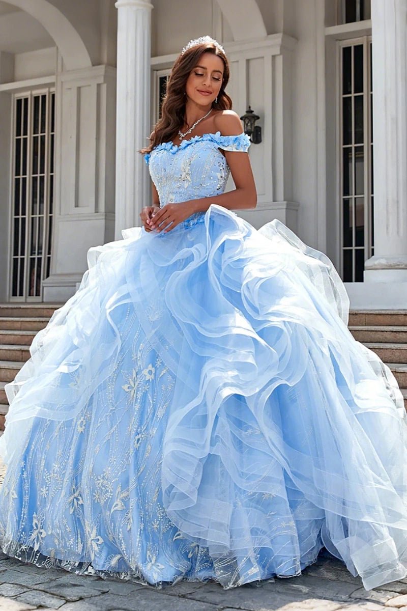 Ethel | Elegant Light Blue Beaded Quinceanera Dresses with Charming Ruffles - Light Blue - PromDressClub