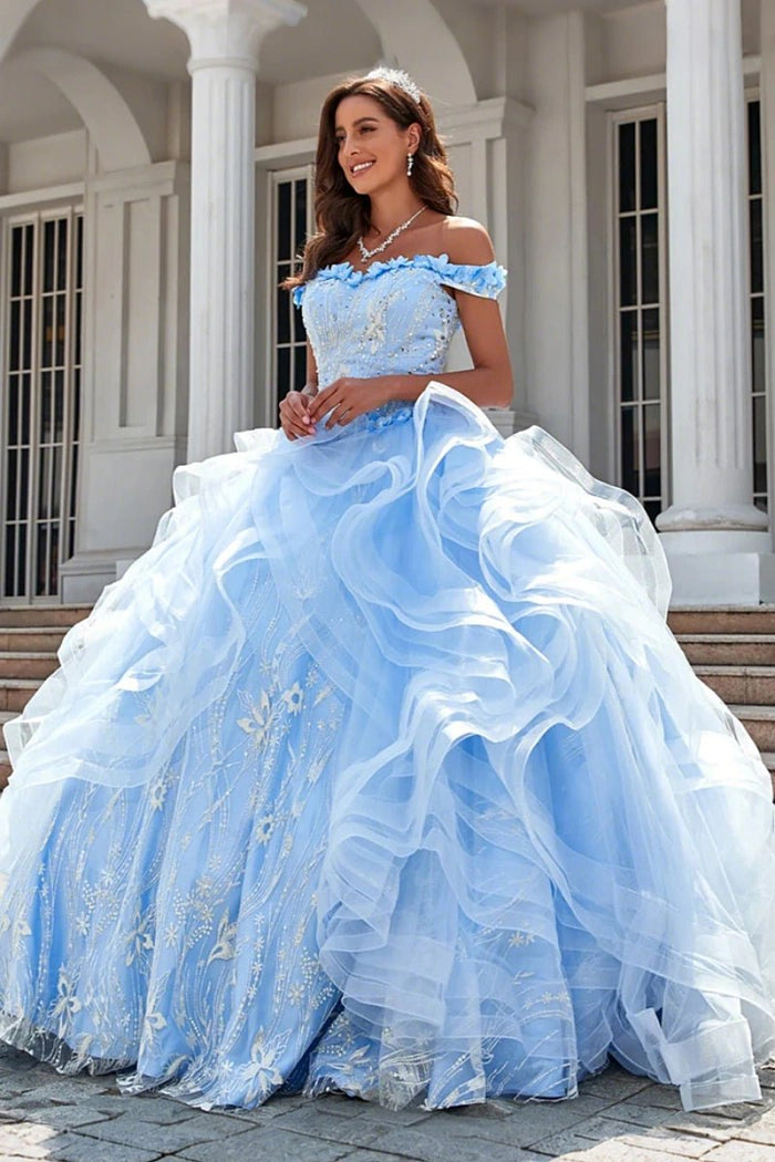 Ethel | Elegant Light Blue Beaded Quinceanera Dresses with Charming Ruffles - Light Blue - PromDressClub